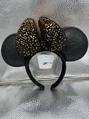 Disney Black Minnie Ears Headband with Gold Sequin Bow